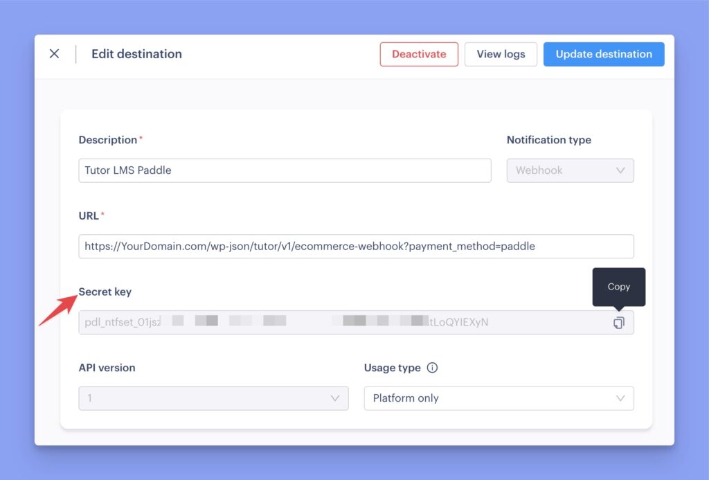 copy webhook secret key