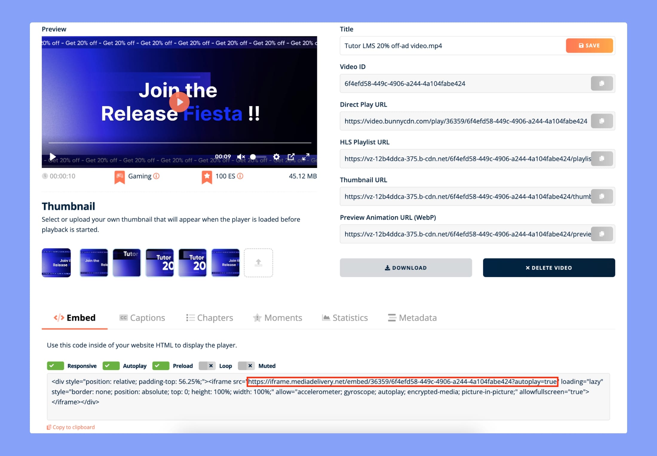 Copy embed code from your BunnyNet account