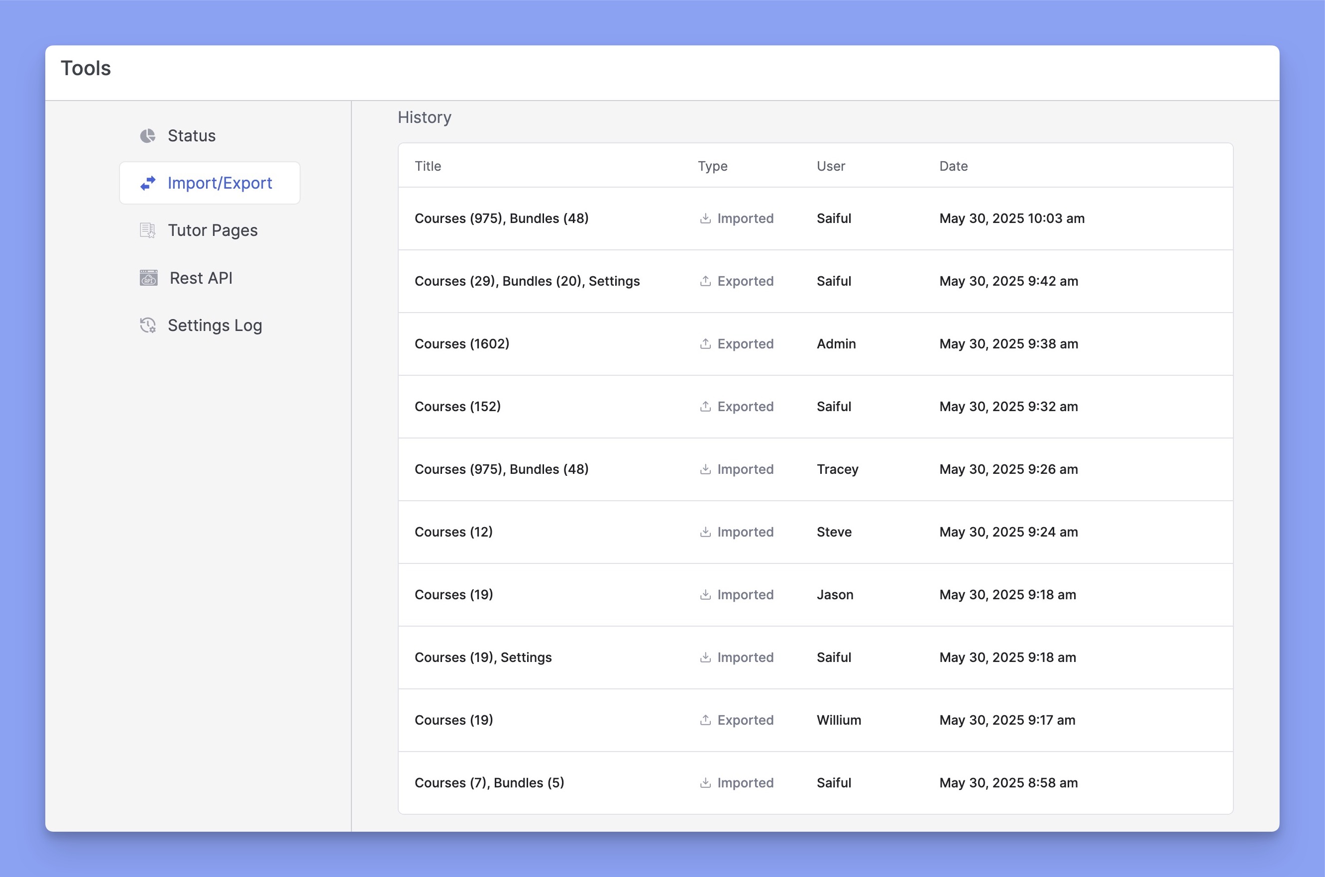 Tutor LMS course Export-Import-History