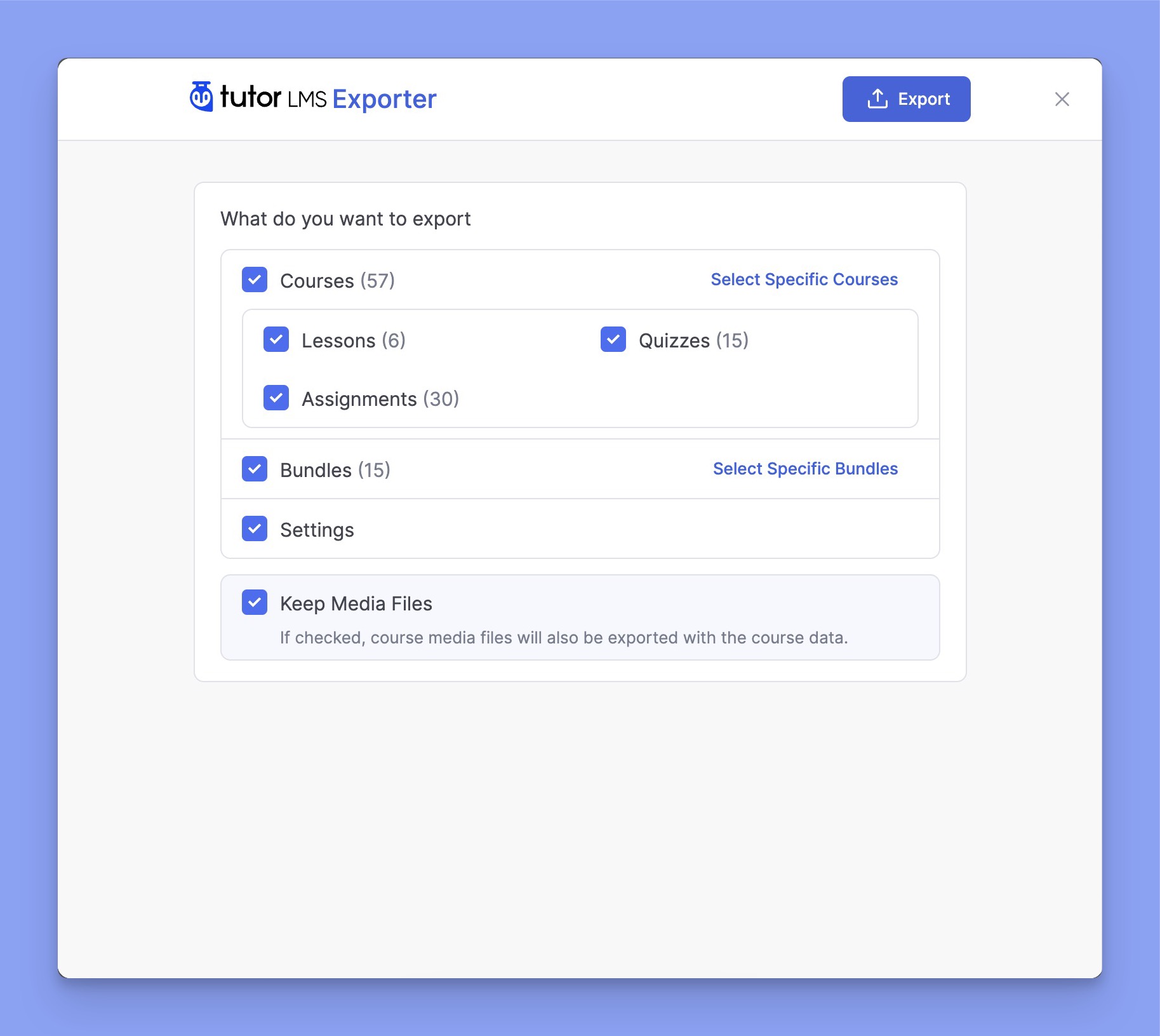 Select courses to export