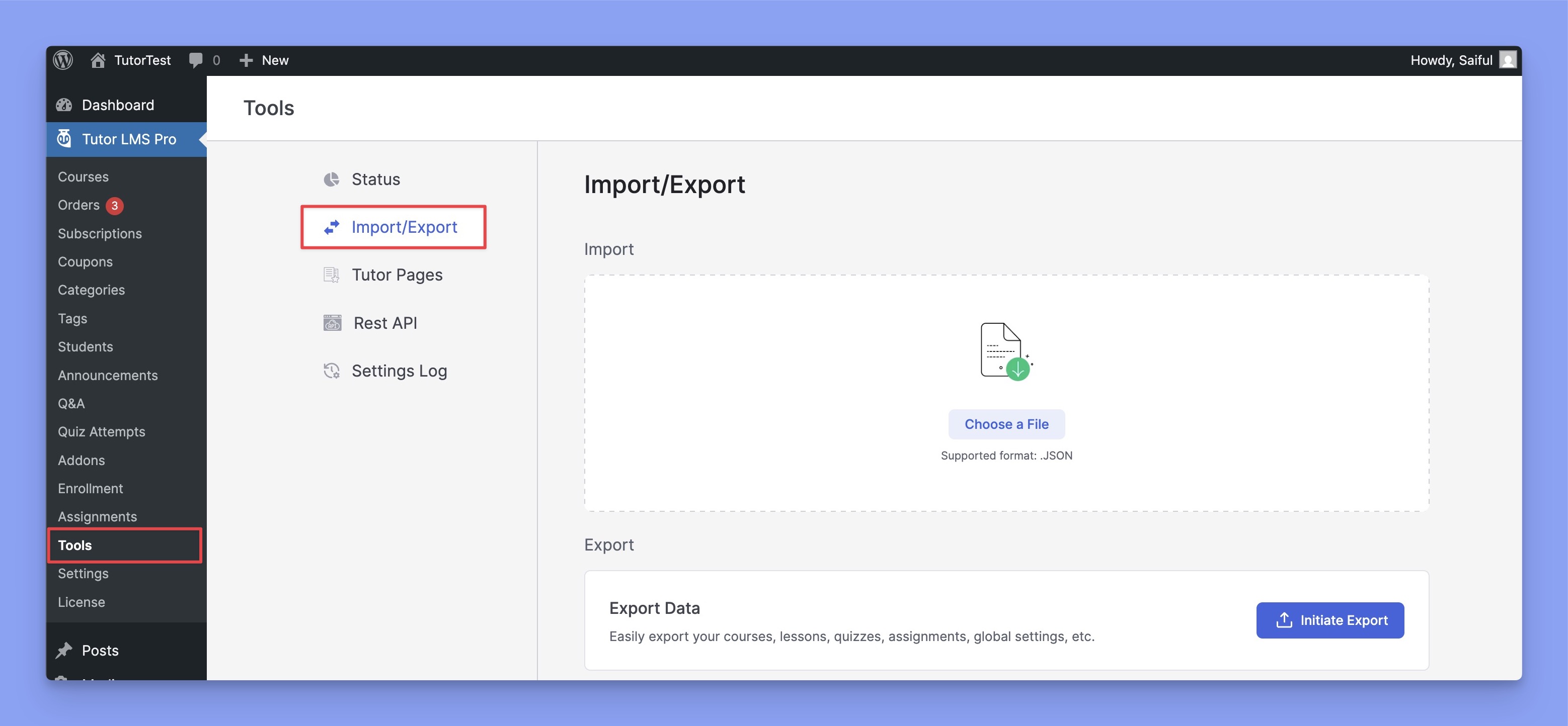 Tutor LMS export/import settings