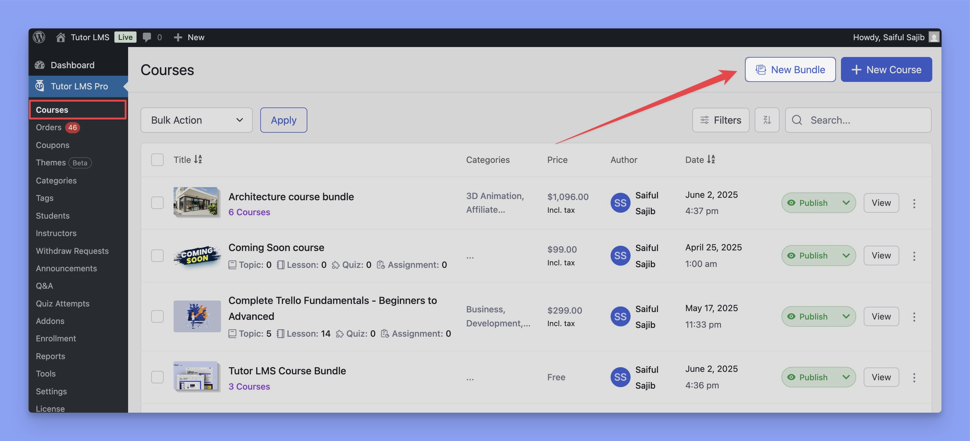 Create new Tutor LMS Bundle