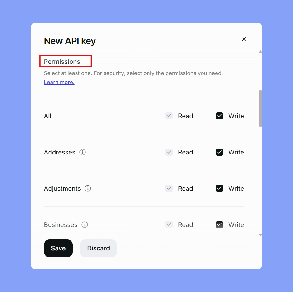 Set Paddle API key permission