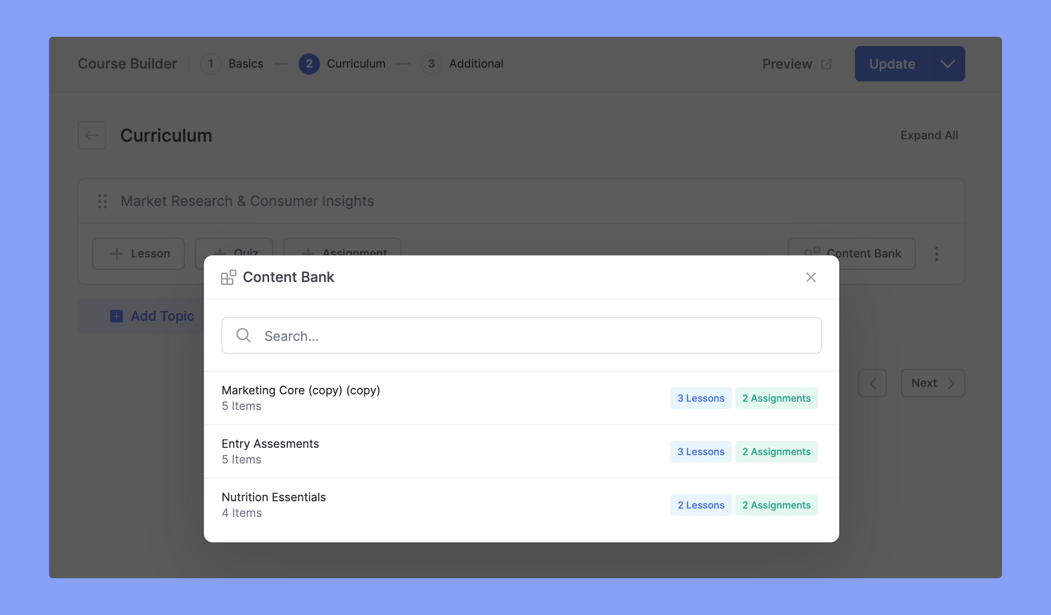Selecting Lessons & Assignments from Content Bank