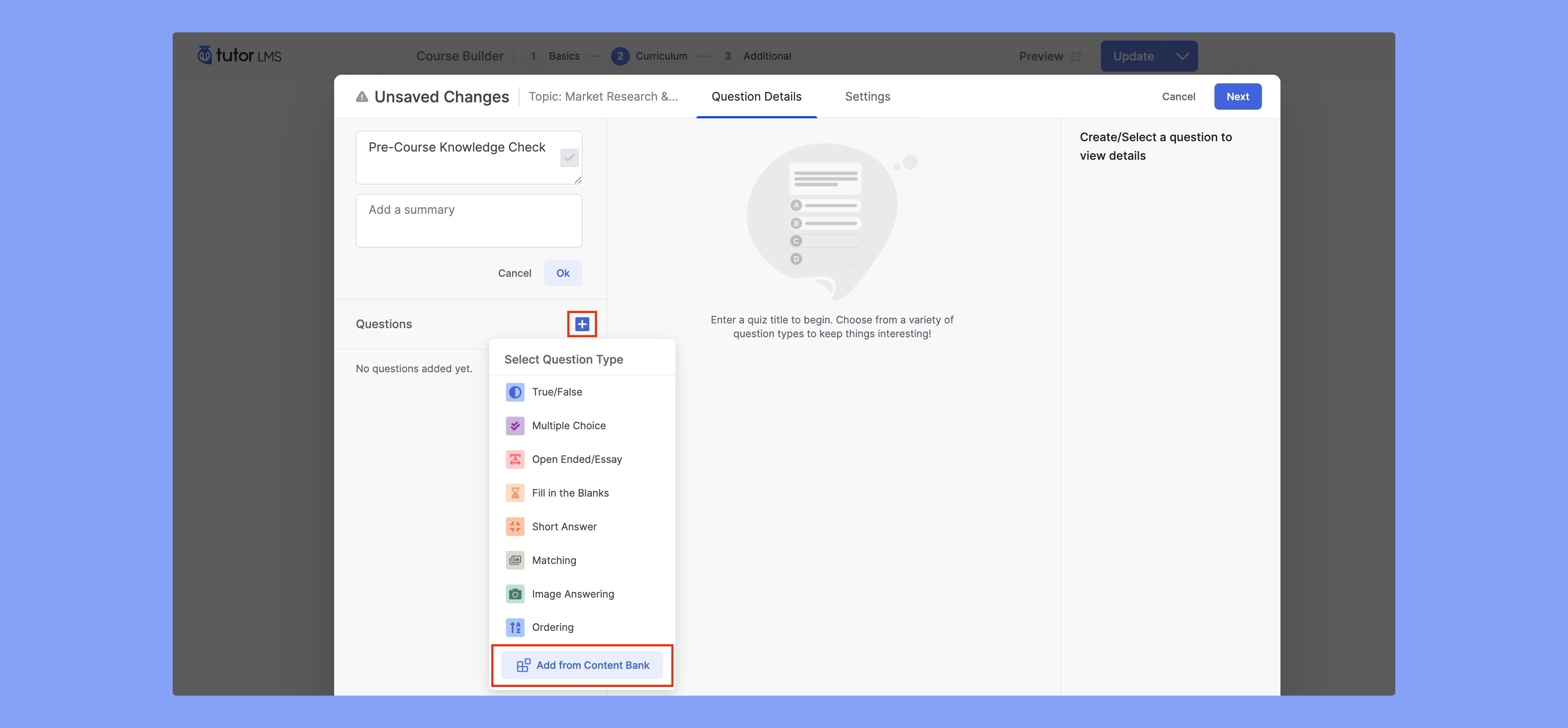 Adding questions from content bank