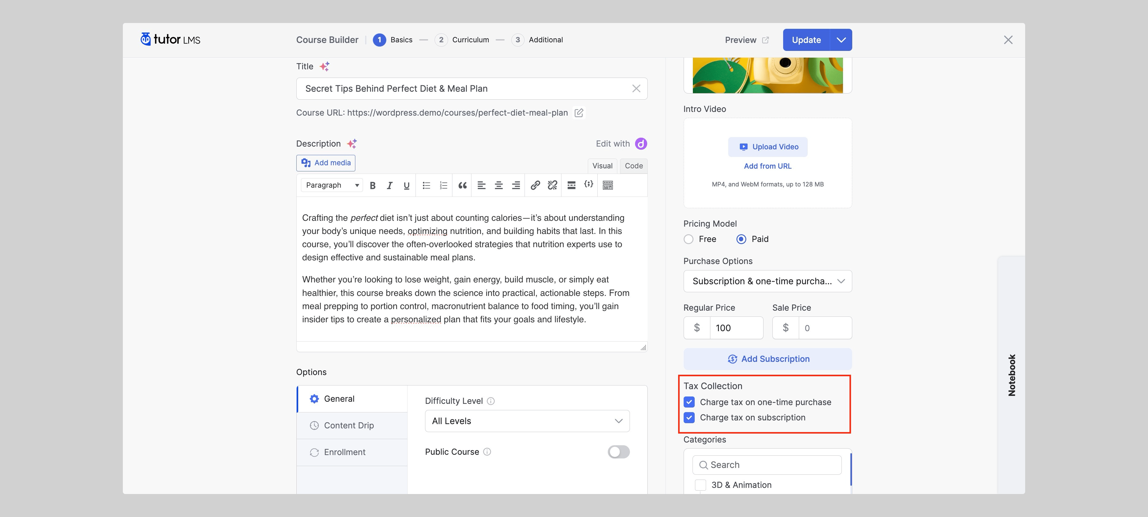 Applying Tax Settings in the Course Builder
