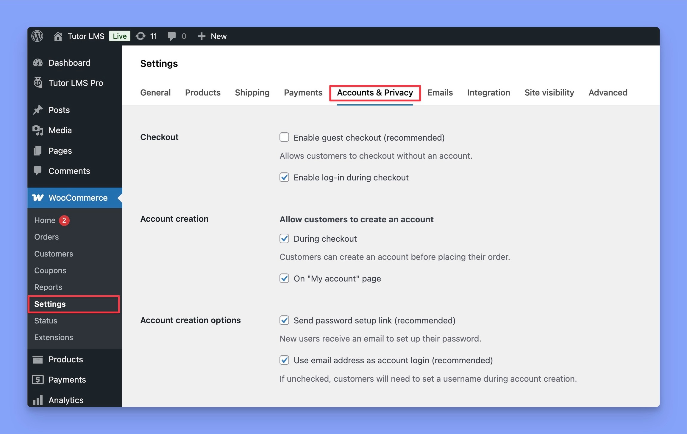 WooCommerce guest checkout settings