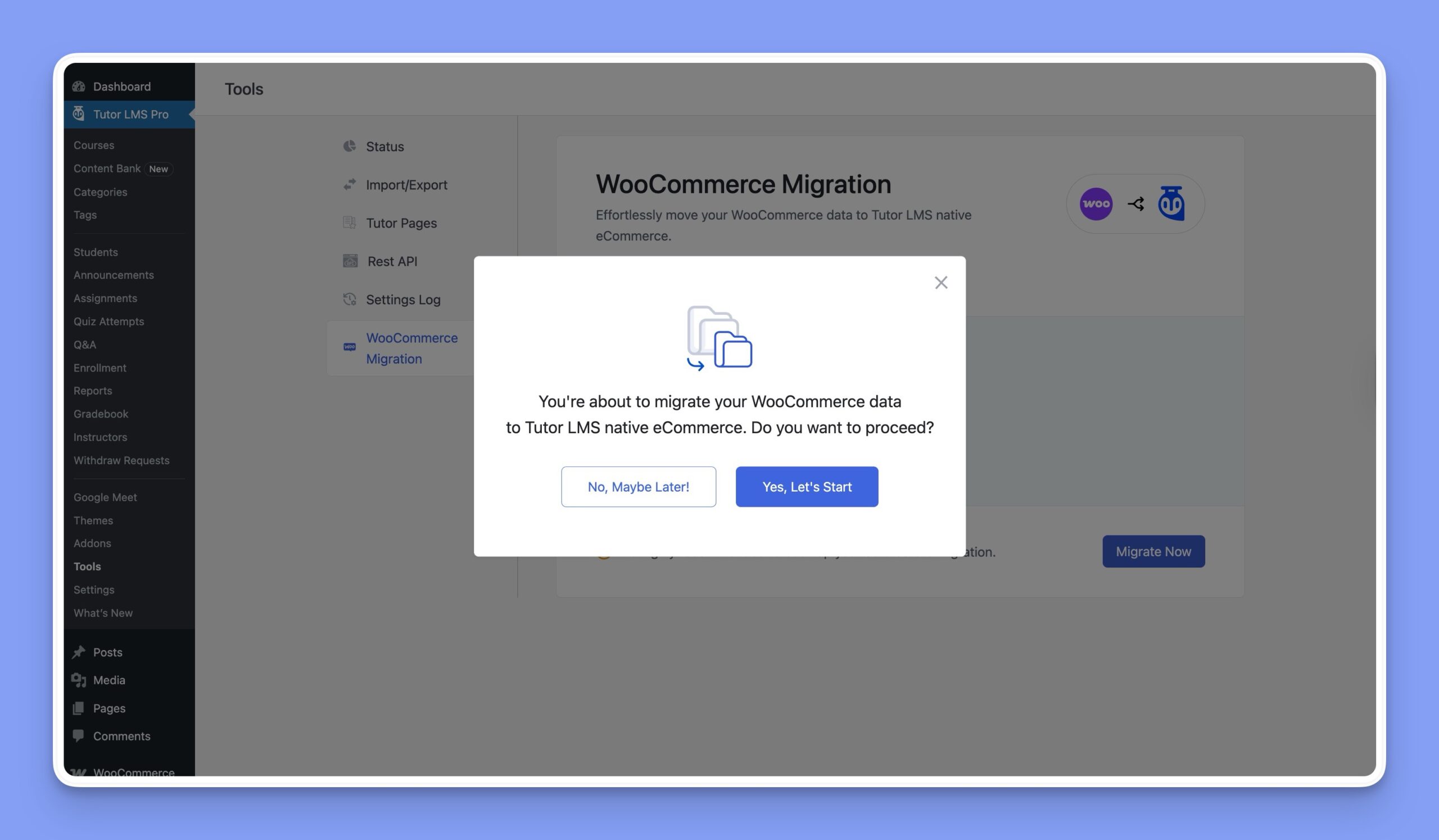 Start migration to native eCommerce confirmation popup message
