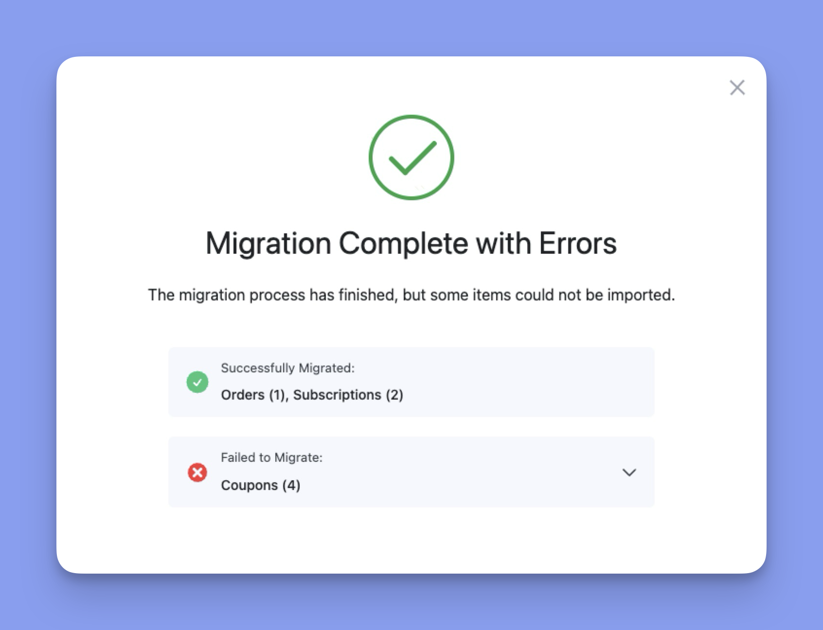 WoCommerce to Native eCommerce Migration complete with errors