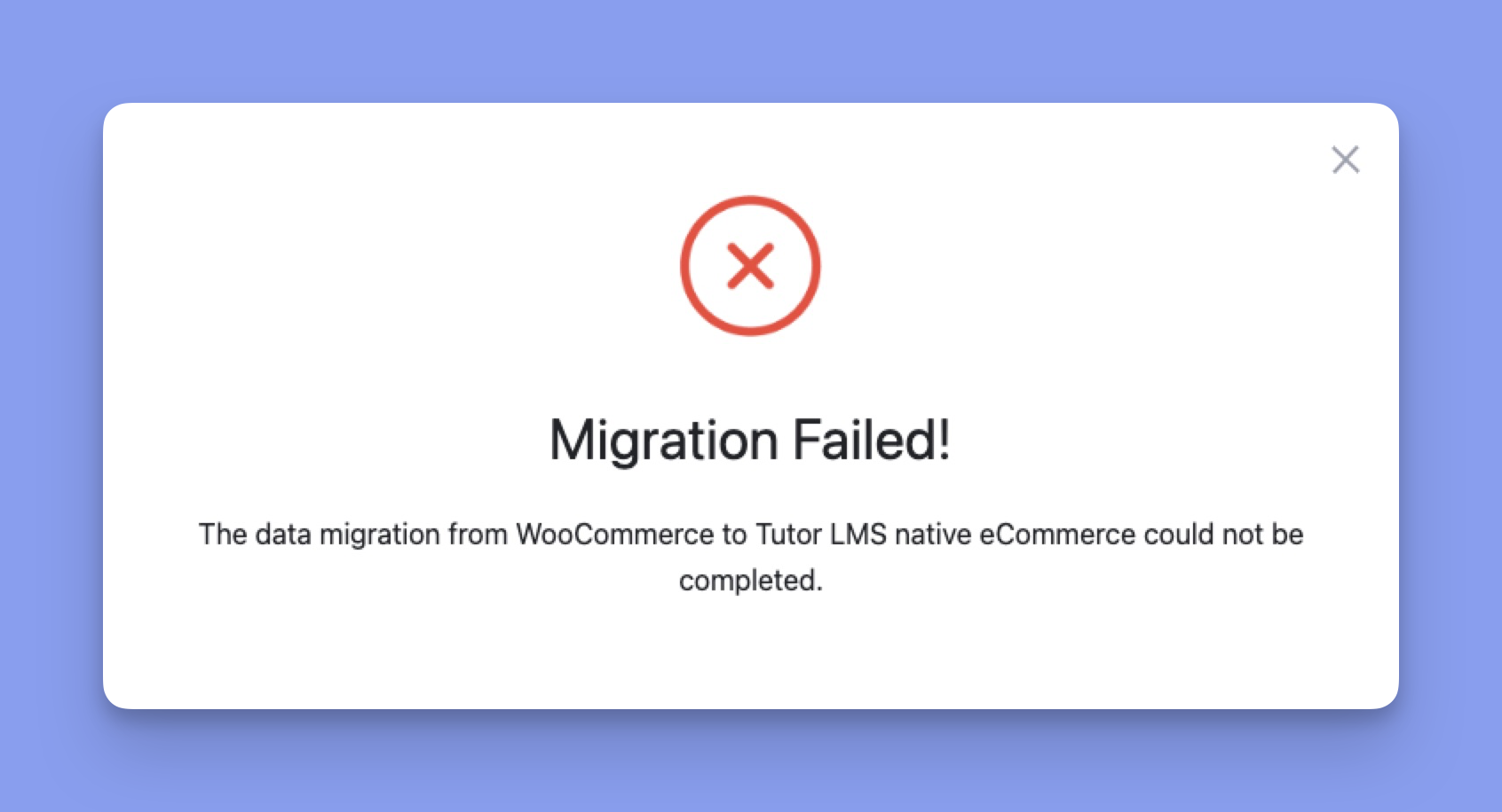 WoCommerce to Native eCommerce Migration failed to complete