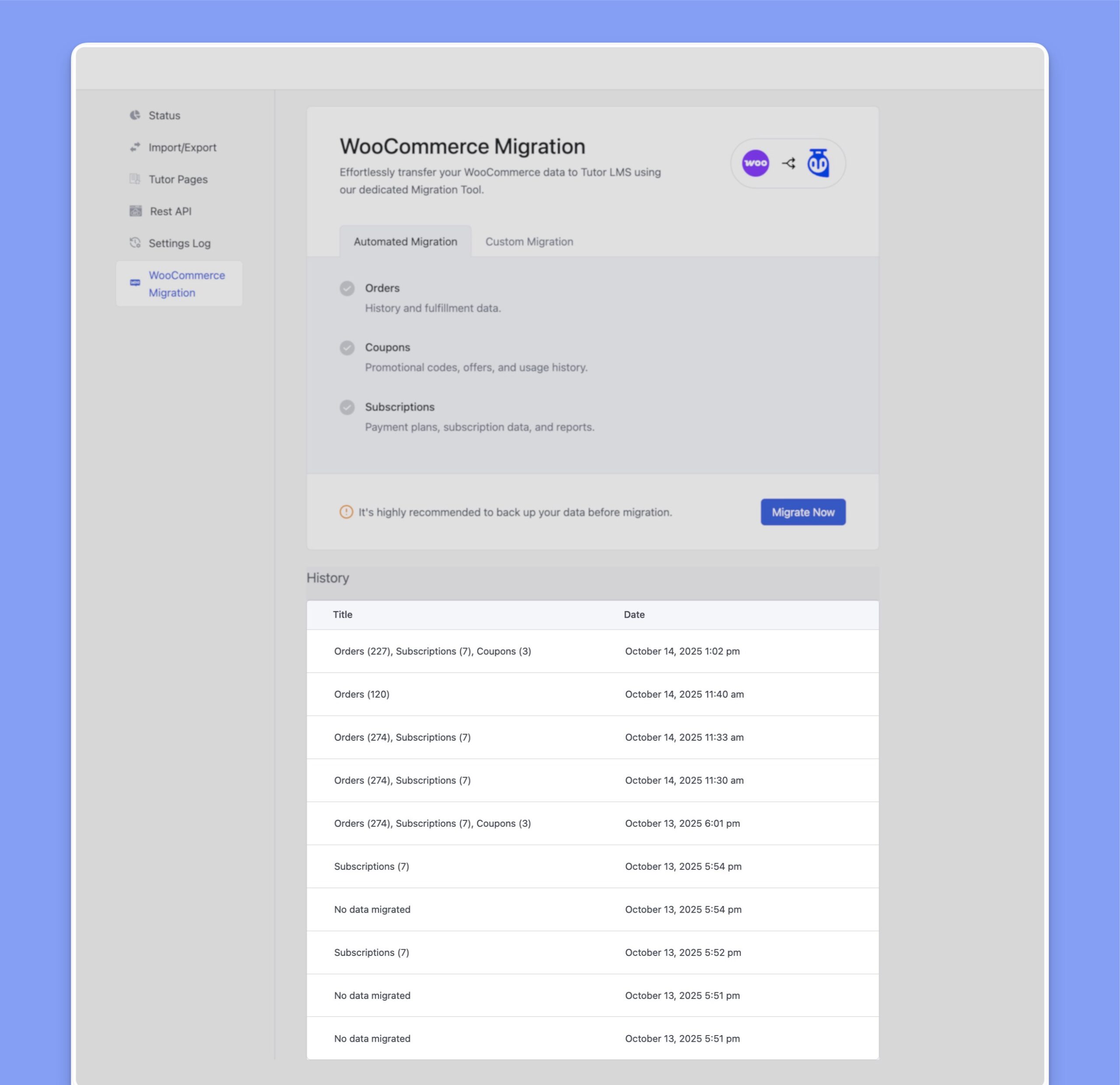 WooCommerce Data to Tutor LMS native eCommerce migration- Transfer History/Log