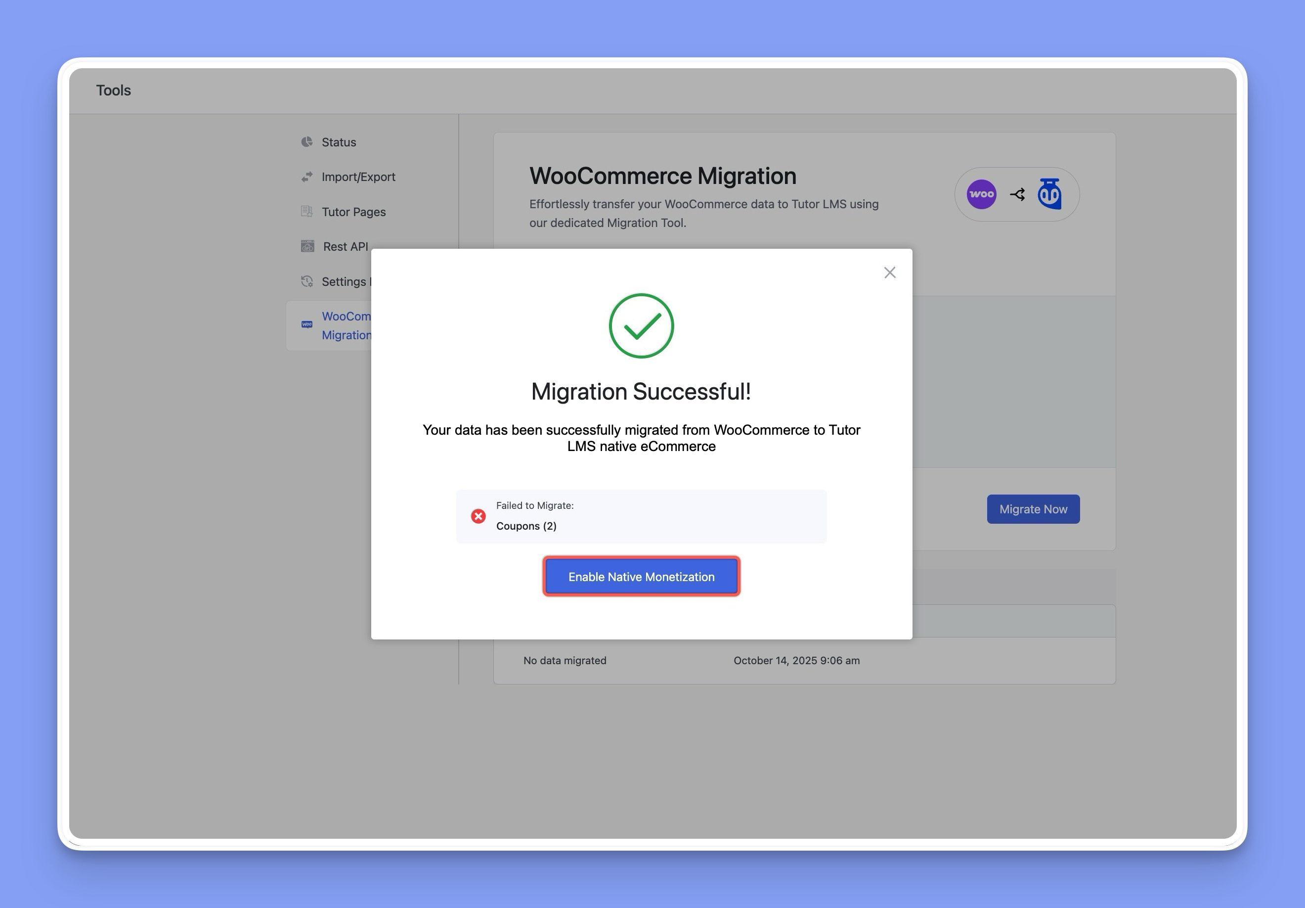 Enable Native Migration pop-up modal