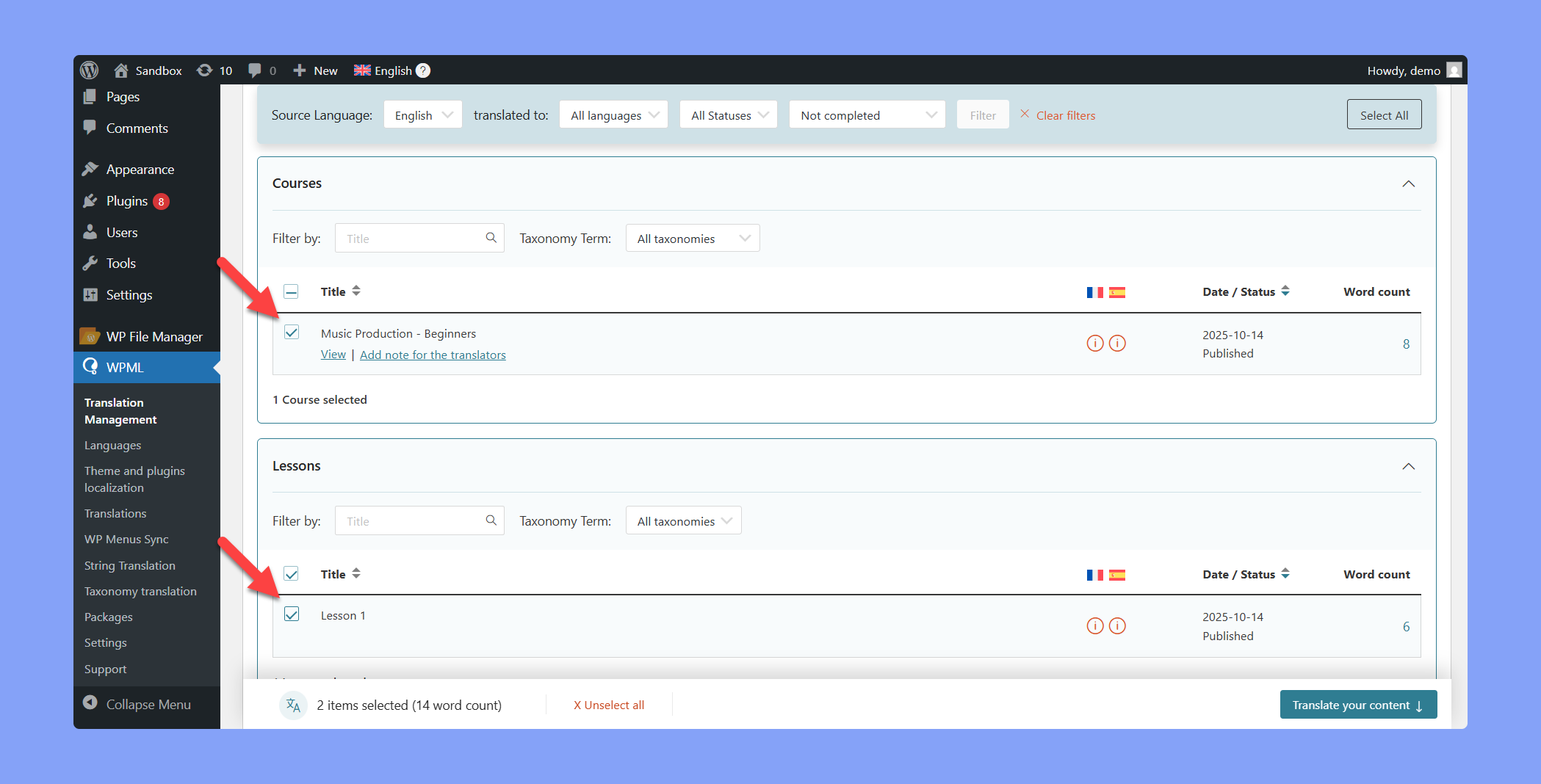 Select course and lessons