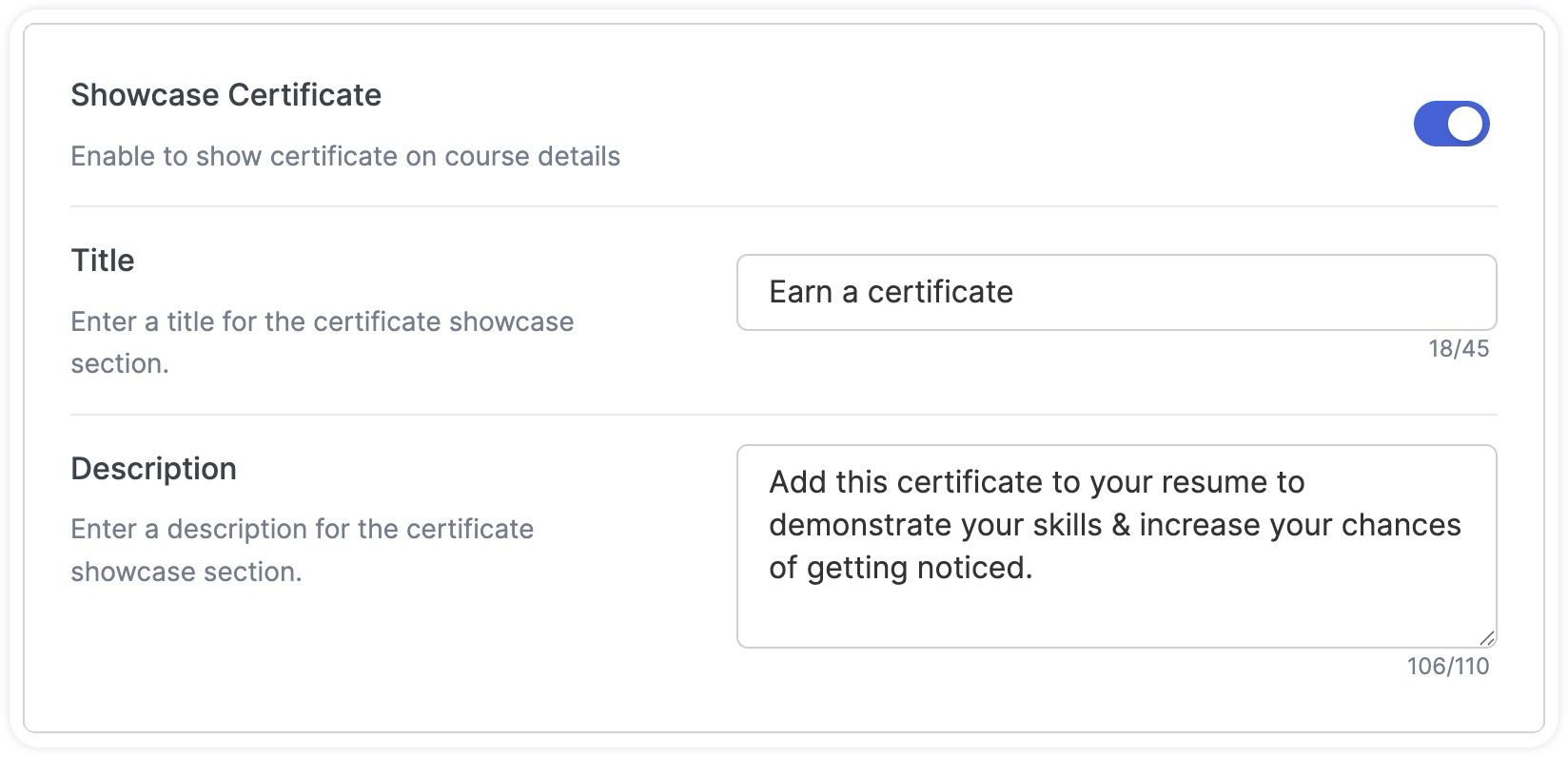 Showcase Certificate for Tutor LMS Settings